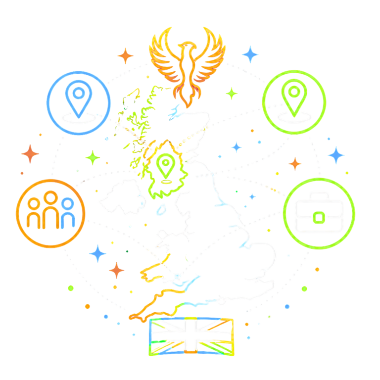 UK-Wide Delivery & Community Impact | Fynix Project UK-wide trauma-informed training and support icon showing national reach, community engagement, and flexible delivery.