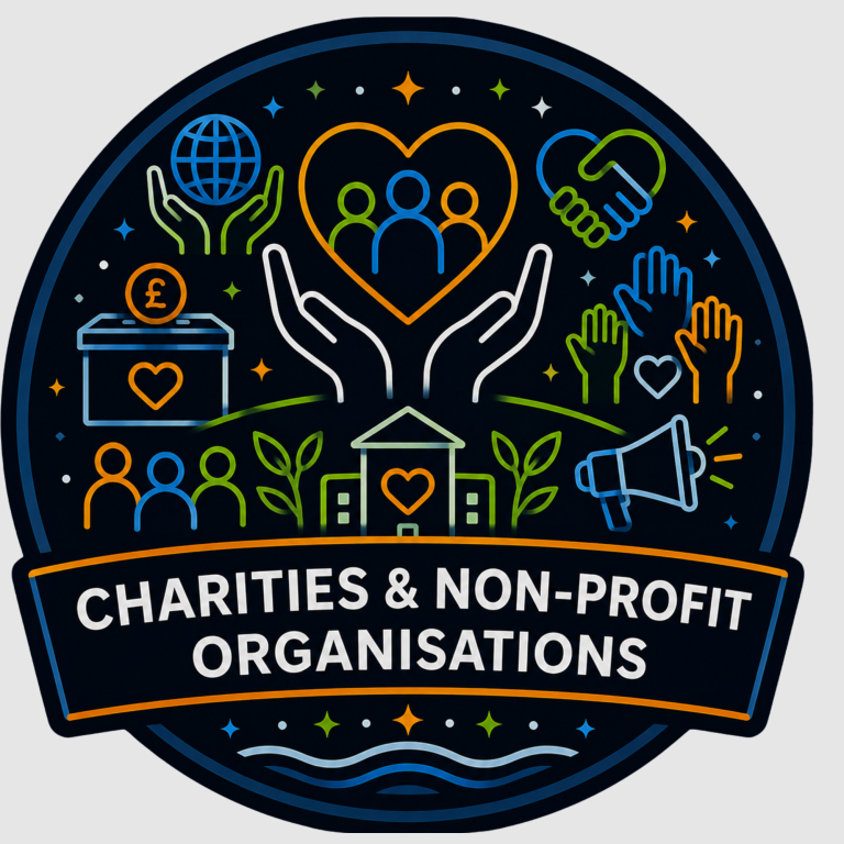 Supporting Charities & Non-Profit Organisations | Fynix Project Charities and non-profit organisations emblem featuring community support, wellbeing, volunteering and partnership symbols.