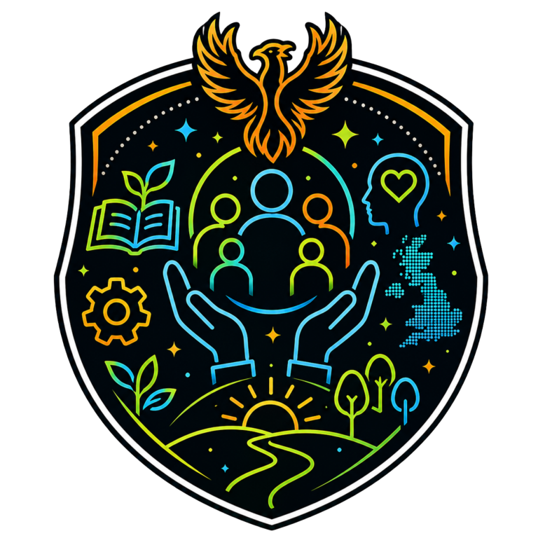 About Fynix Project | Trauma-Informed Training & Wellbeing Workshops Fynix Project emblem representing lived experience, trauma-informed practice, wellbeing education, workforce development, resilience