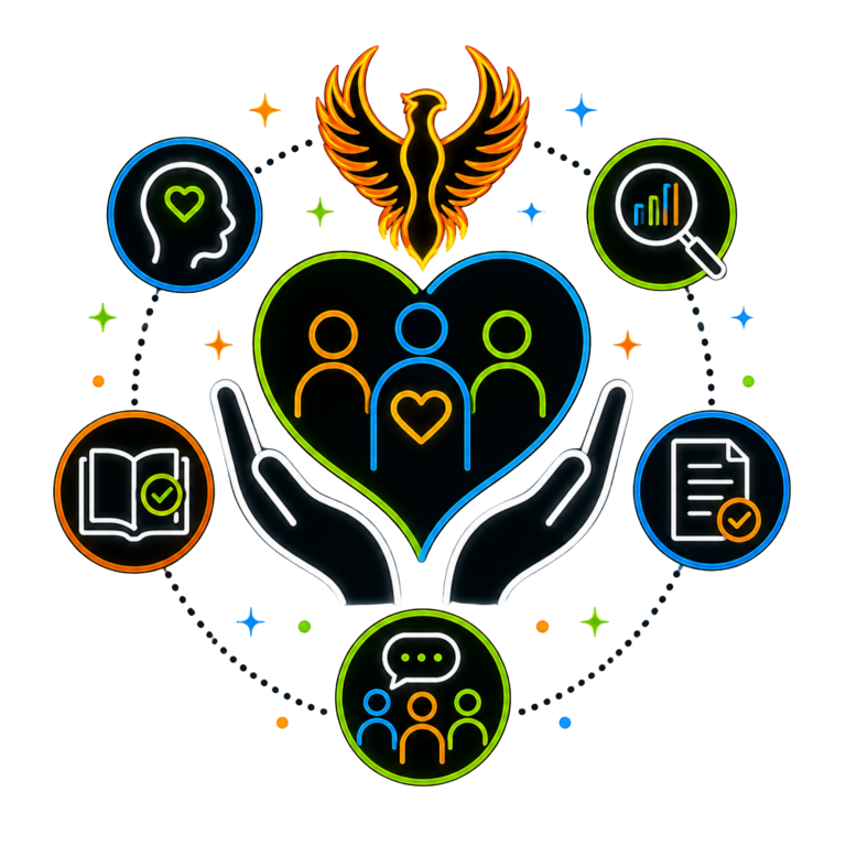 Lived Experience & Evidence-Informed Foundations | Fynix Project Lived experience and evidence-informed foundations icon showing trauma-informed support, learning, collaboration, and best practice.