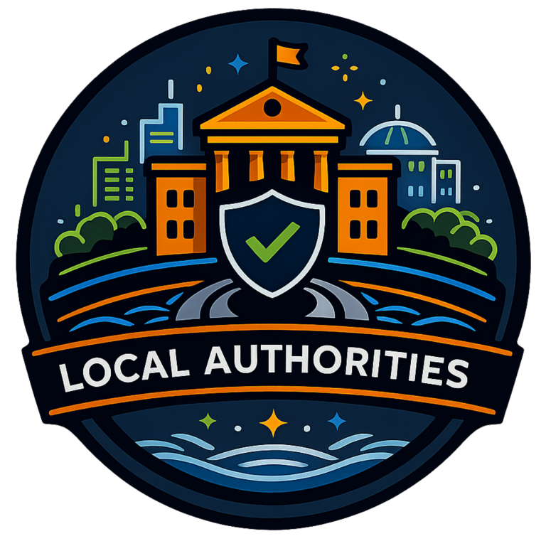 Supporting Local Authorities | Fynix Project Local authority support emblem with civic building, community and safeguarding symbols.
