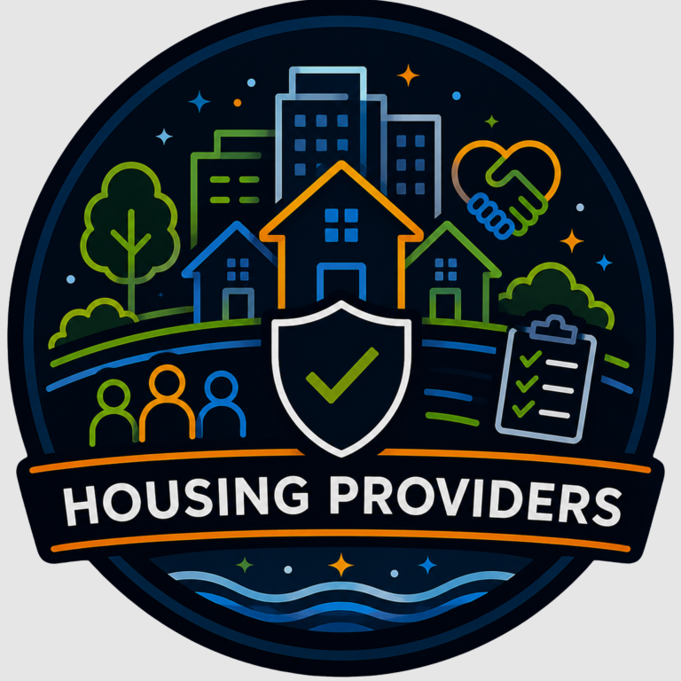 Supporting Housing Providers | Fynix Projec Housing providers emblem featuring homes, communities, wellbeing and support services.